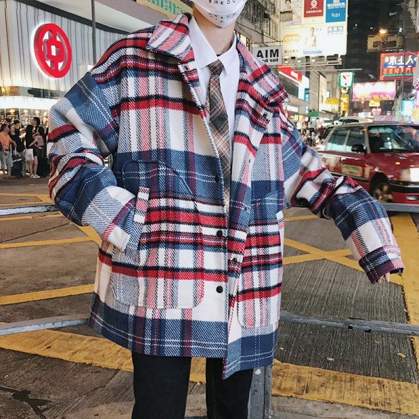 Men's Autumn And Winter Plaid Trench Coat Loose Woolen Coat